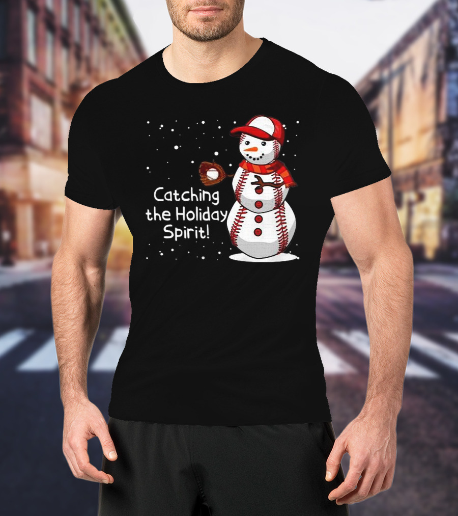 Catching The Holiday Spirit Baseball Snowman With Red Cap And Mitt T-Shirt