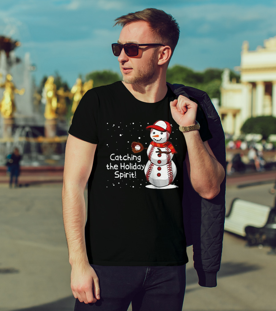 Catching The Holiday Spirit Baseball Snowman With Red Cap And Mitt T-Shirt