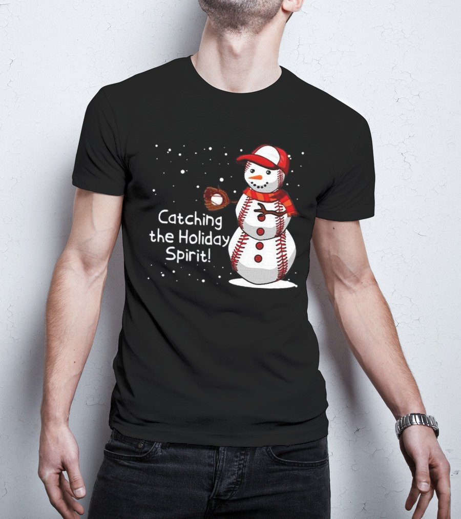 Catching The Holiday Spirit Baseball Snowman With Red Cap And Mitt T-Shirt