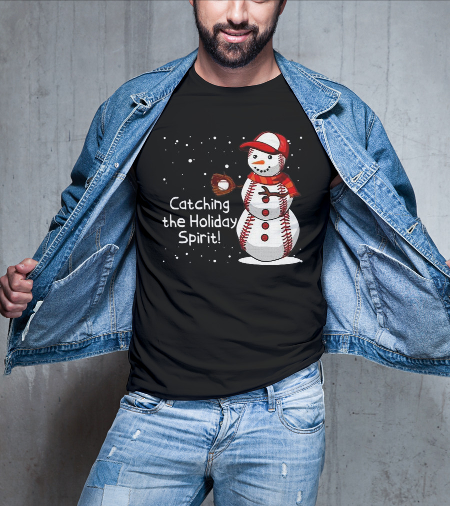 Catching The Holiday Spirit Baseball Snowman With Red Cap And Mitt T-Shirt