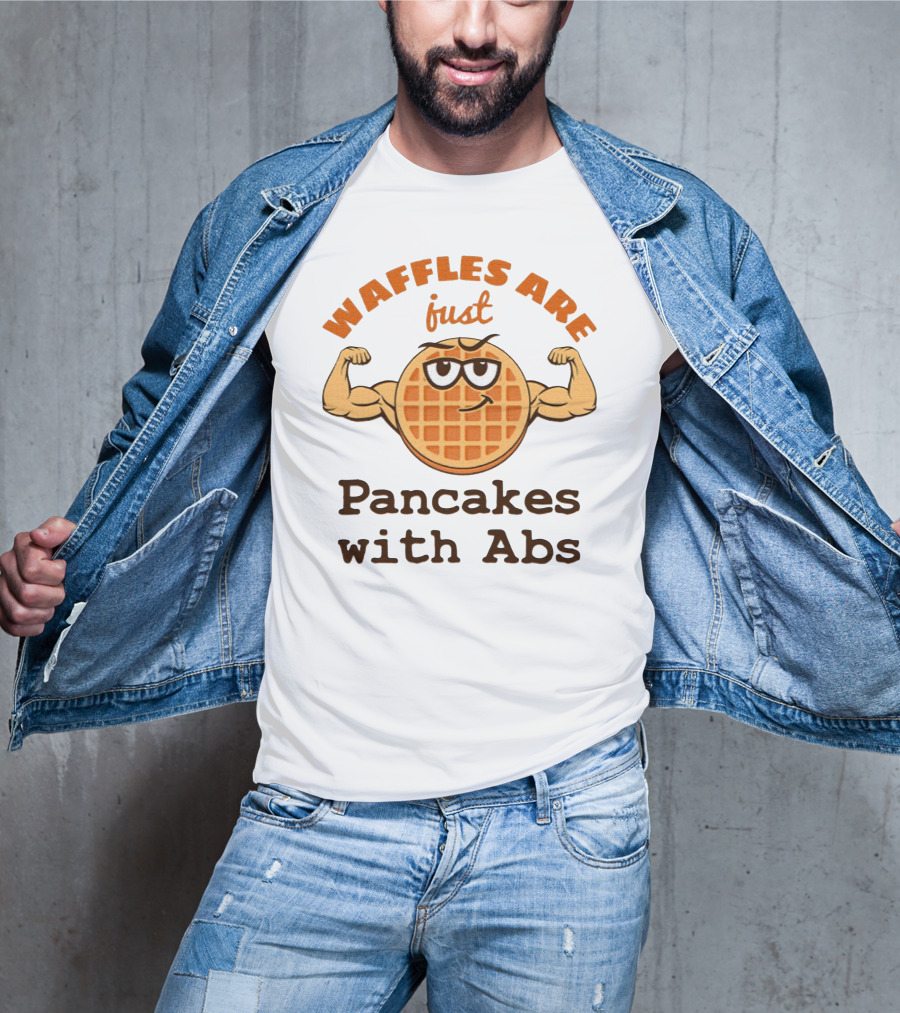 Waffles Are Just Pancakes With Abs Flexing Muscular Cartoon Breakfast T-Shirt