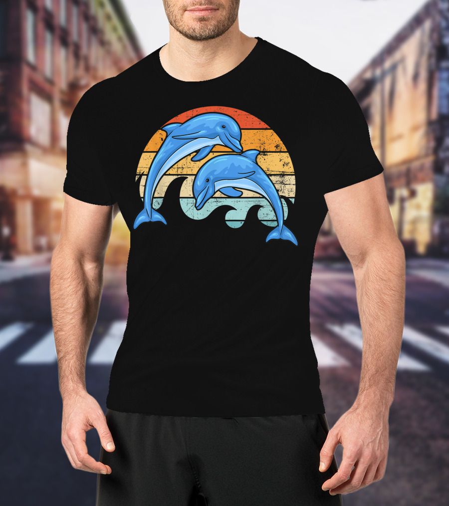 Vintage Sunset Striped Dolphin Pair T-Shirt