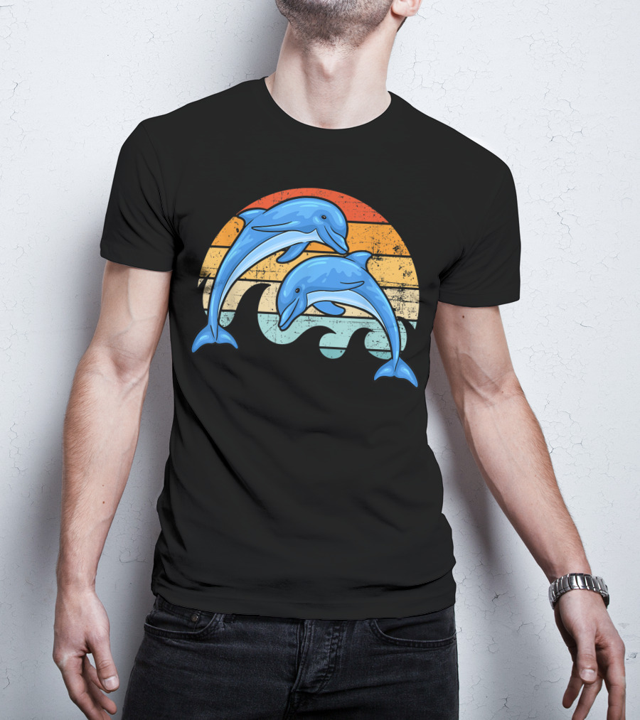 Vintage Sunset Striped Dolphin Pair T-Shirt