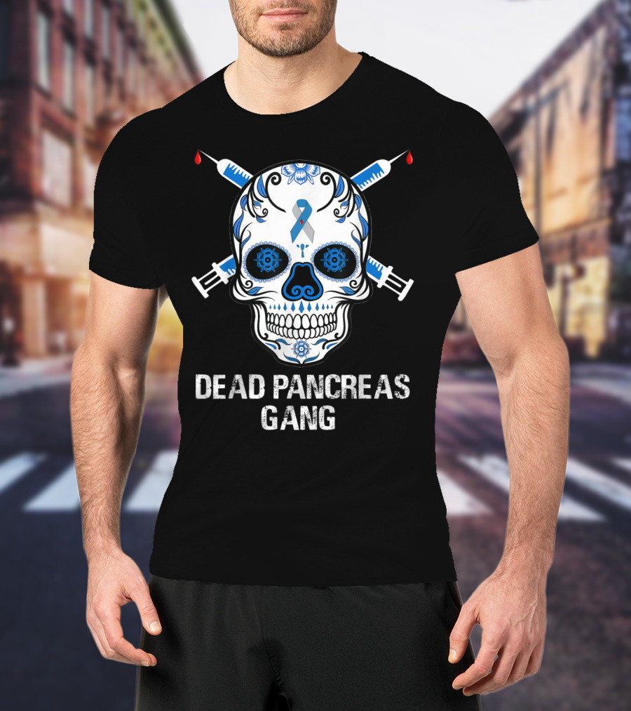 Dead Pancreas Gang Skull Diabetes Awareness Blue Ribbon Syringes T-Shirt