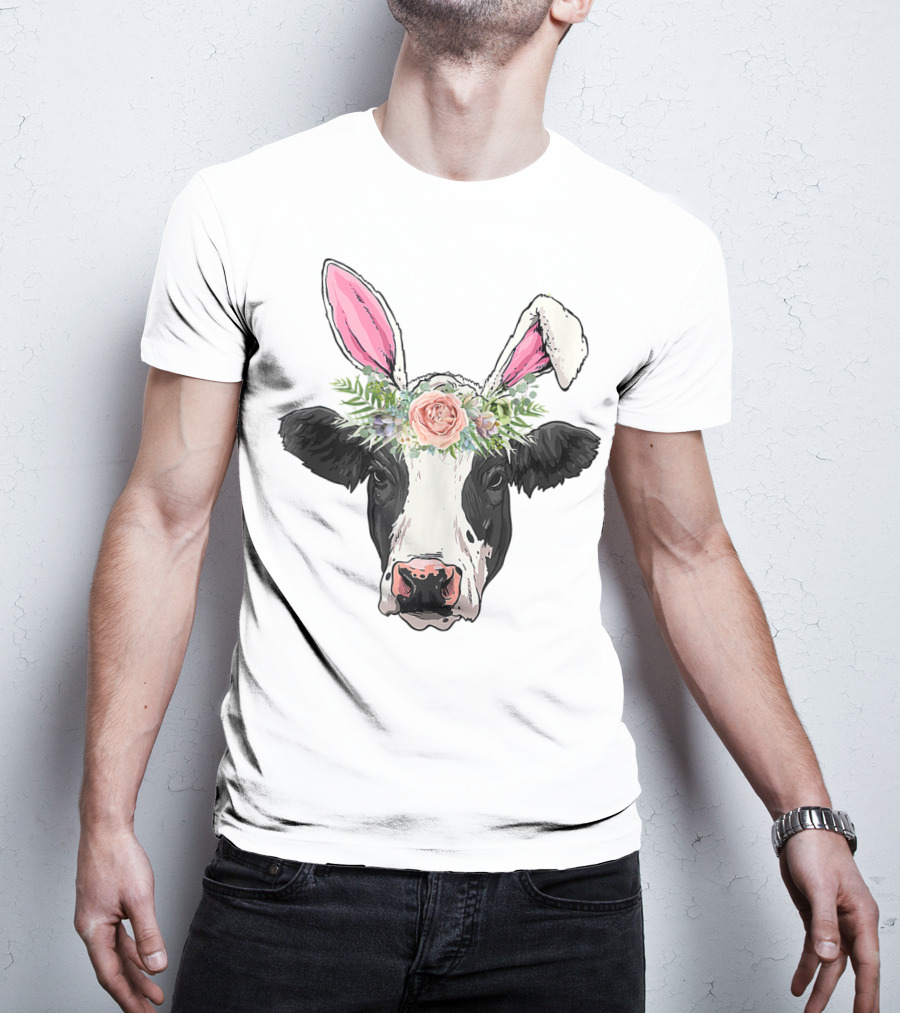 Funny Cow Easter Bunny Flower Crown T-Shirt