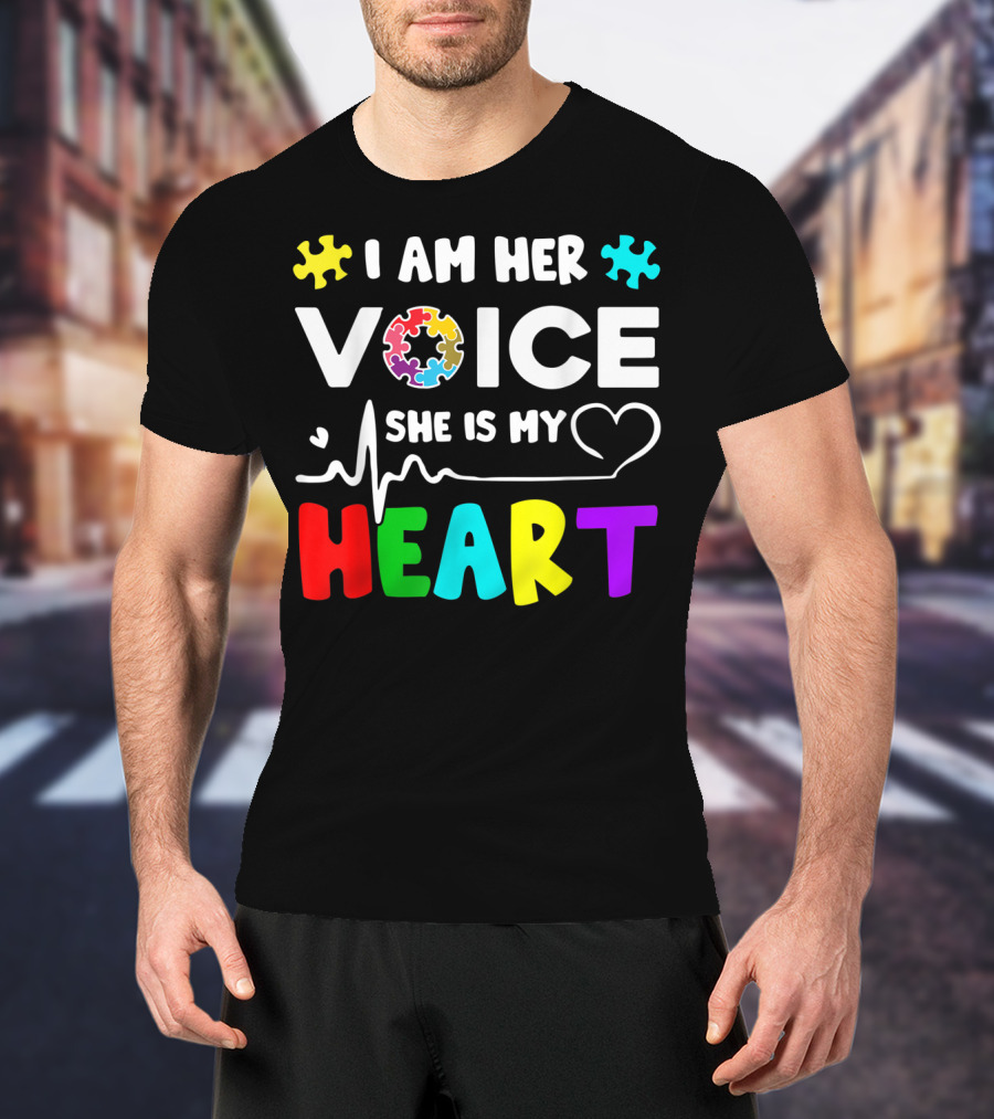 I Am Her Voice She Is My Heart Autism Awareness Puzzle Pieces T-Shirt