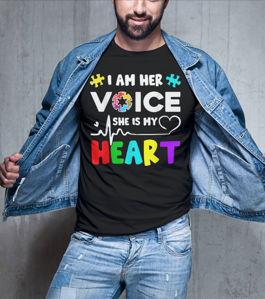 I Am Her Voice She Is My Heart Autism Awareness Puzzle Pieces T-Shirt