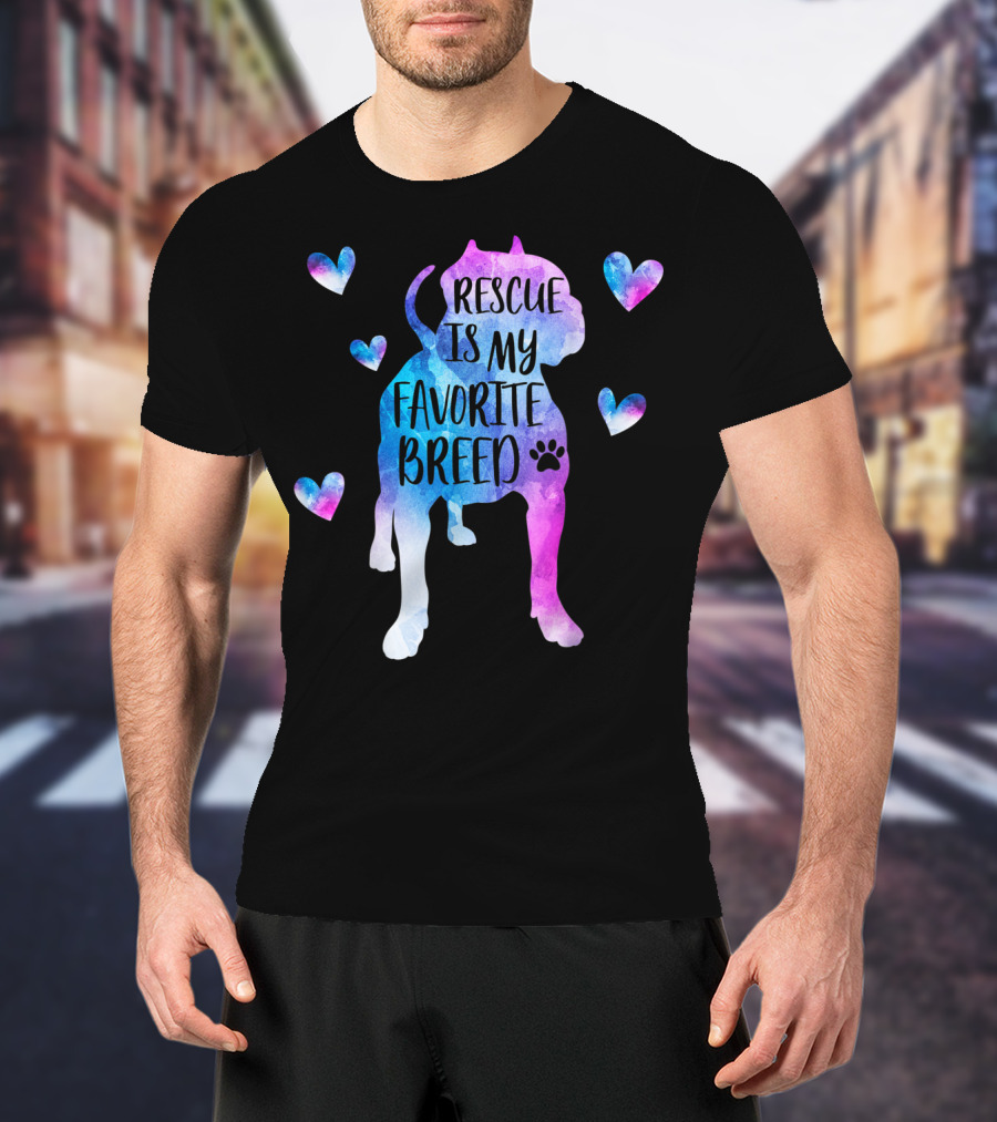 Rescue Is My Favorite Breed Watercolor Pitbull Hearts T-Shirt