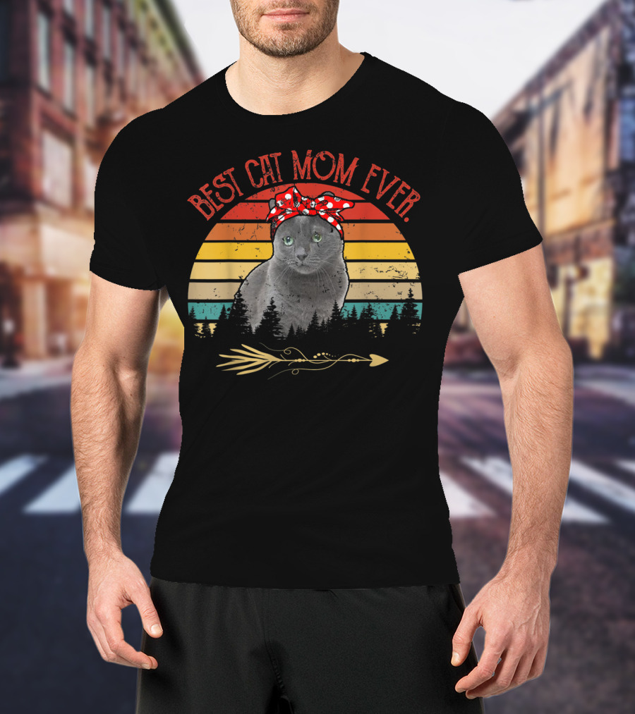 Best Cat Mom Ever Vintage Russian Blue Cat Sunset T-Shirt