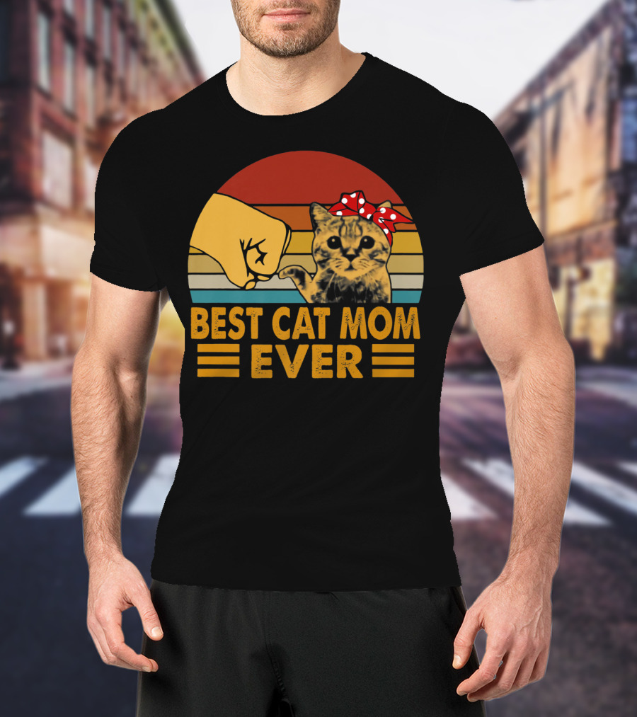 Best Cat Mom Ever Vintage Fist Bump With Cat Bow Stripes T-Shirt