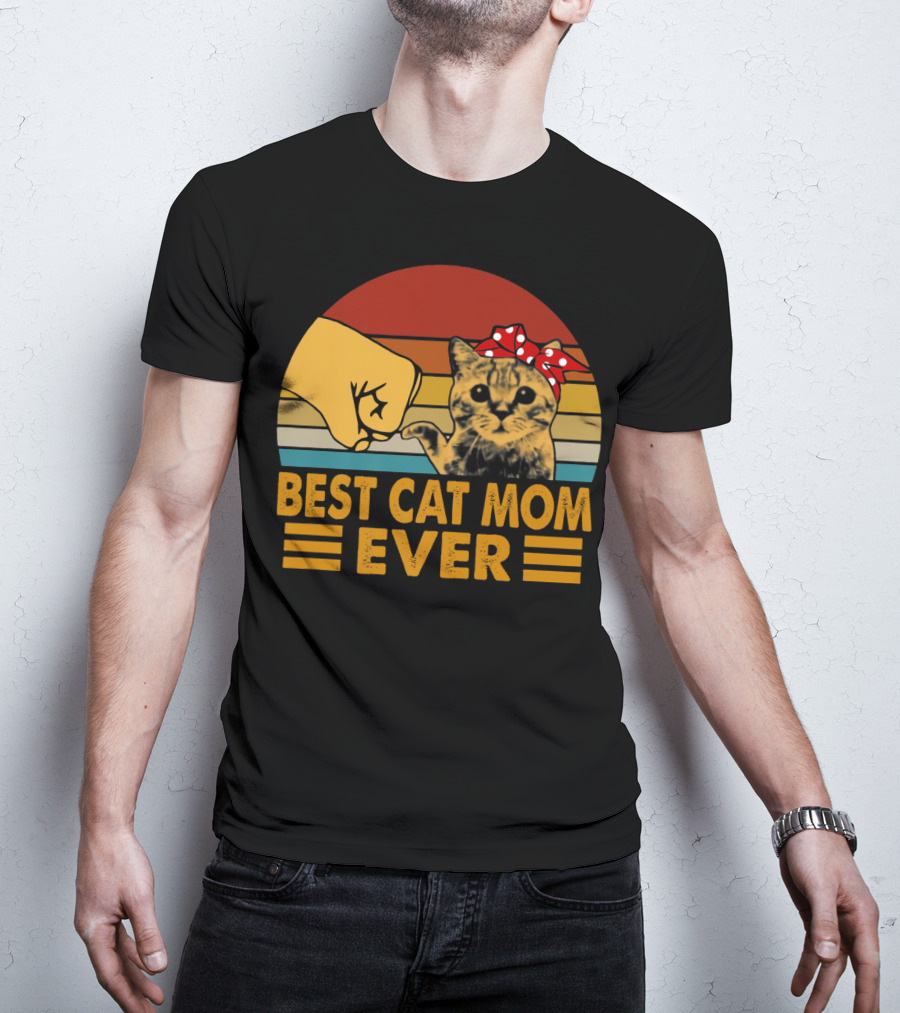 Best Cat Mom Ever Vintage Fist Bump With Cat Bow Stripes T-Shirt