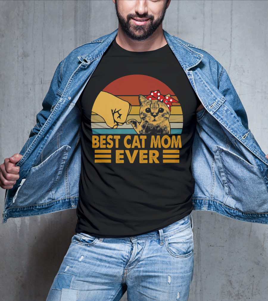 Best Cat Mom Ever Vintage Fist Bump With Cat Bow Stripes T-Shirt