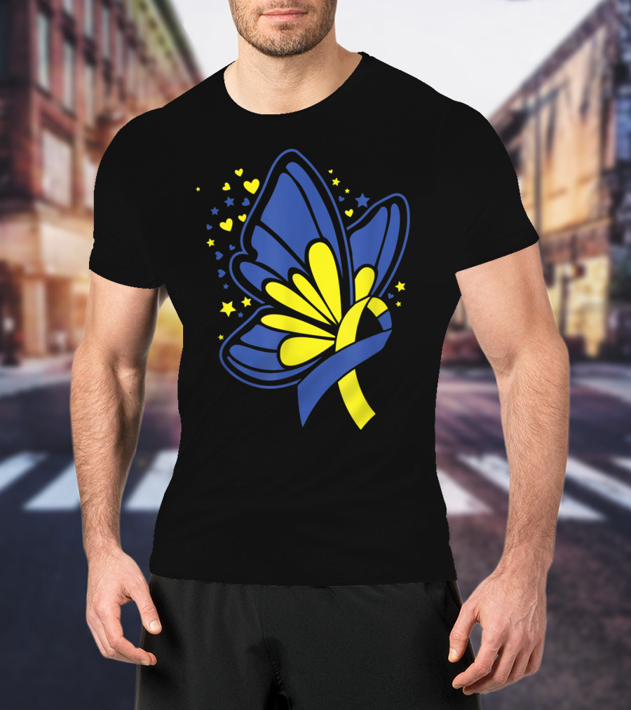 Butterfly T21 World Down Syndrome Awareness Day Ribbon Hearts And Stars T-Shirt