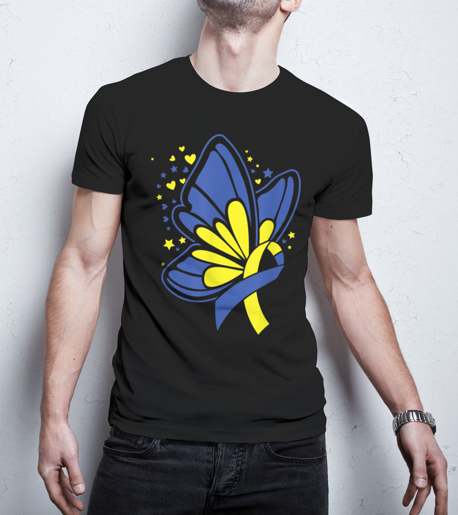 Butterfly T21 World Down Syndrome Awareness Day Ribbon Hearts And Stars T-Shirt