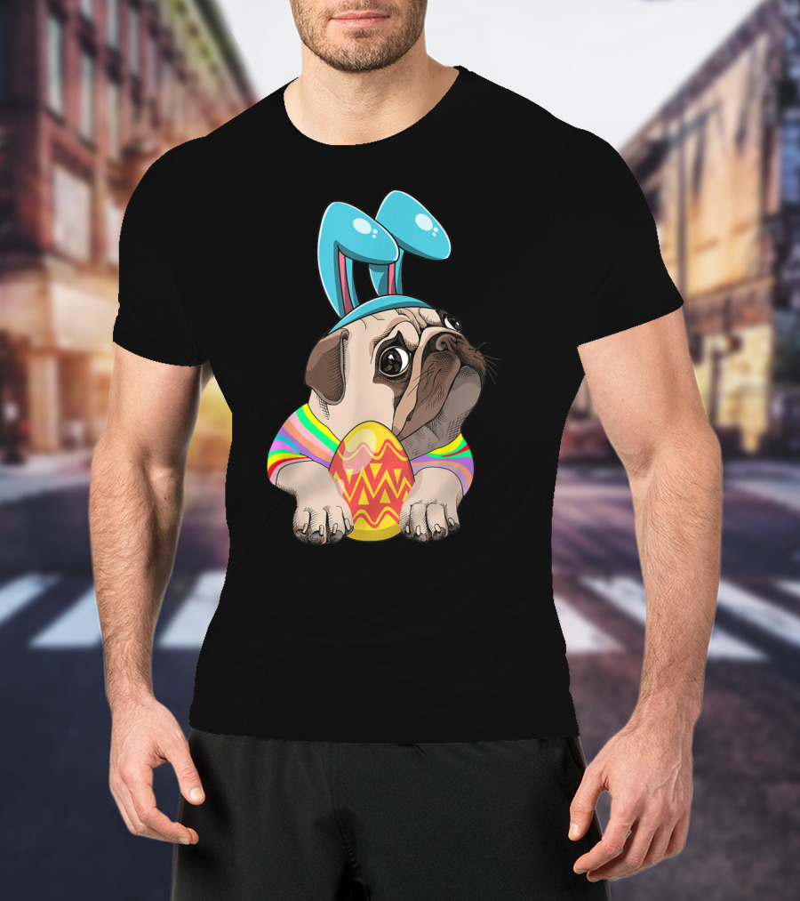 Cute Easter Pug With Bunny Ears Hugging Egg T-Shirt