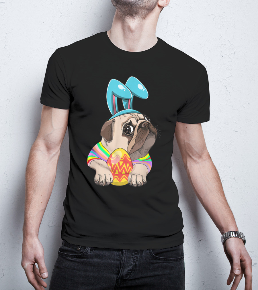 Cute Easter Pug With Bunny Ears Hugging Egg T-Shirt