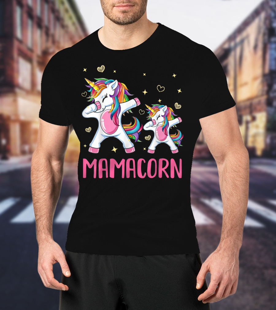 Colorful Dabbing Unicorns Mamacorn With Rainbow Hair And Hearts T-Shirt