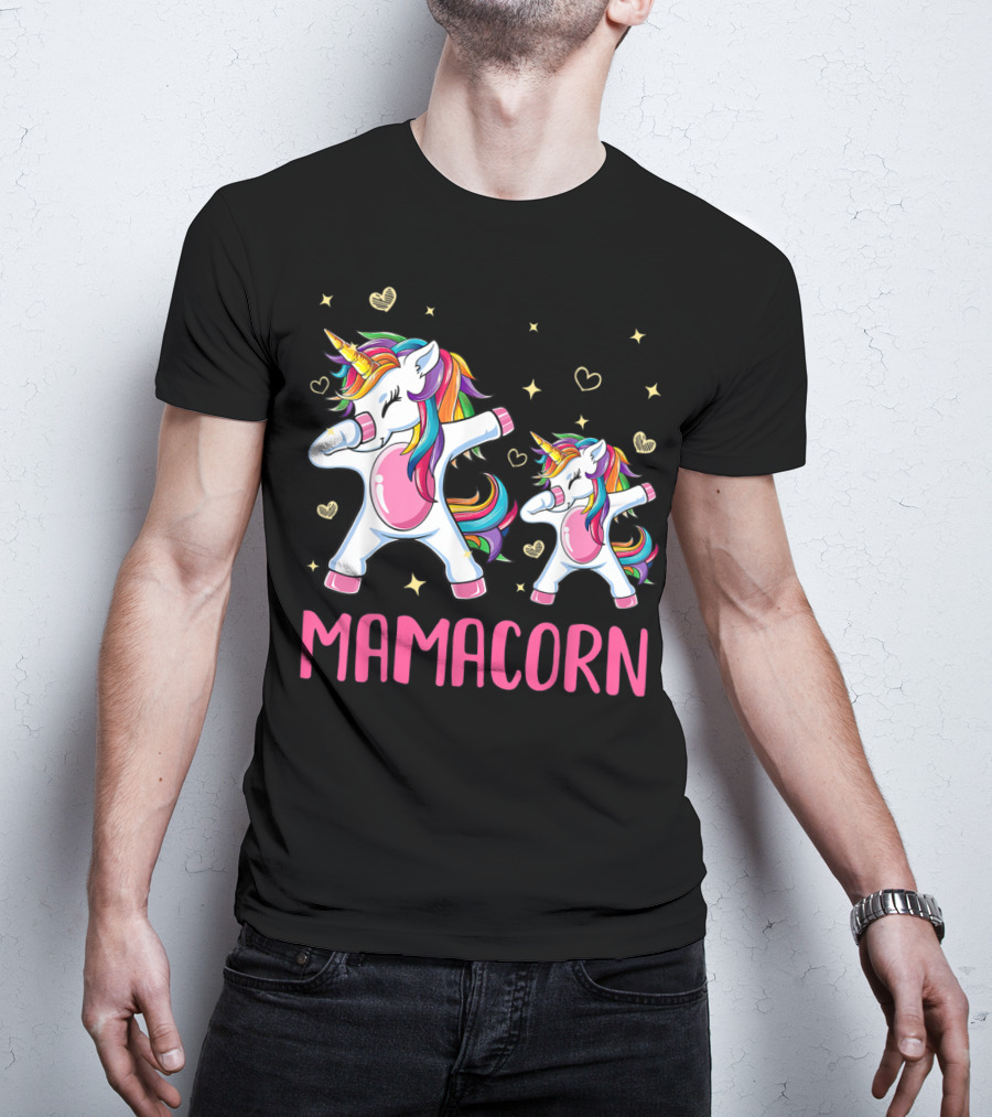 Colorful Dabbing Unicorns Mamacorn With Rainbow Hair And Hearts T-Shirt