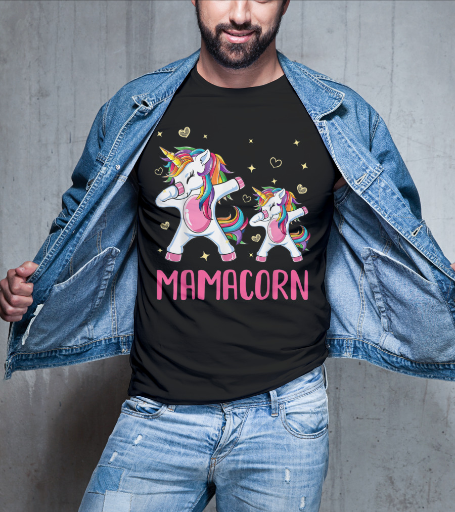 Colorful Dabbing Unicorns Mamacorn With Rainbow Hair And Hearts T-Shirt