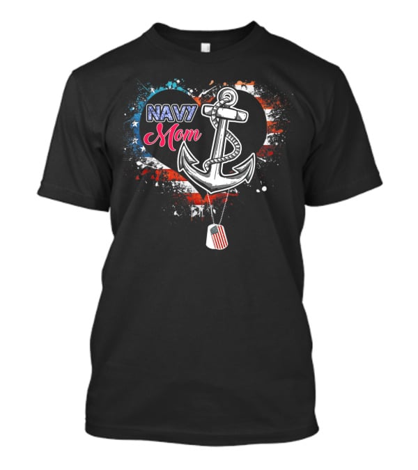 Navy Mom Anchor Heart American Flag Background T-Shirt