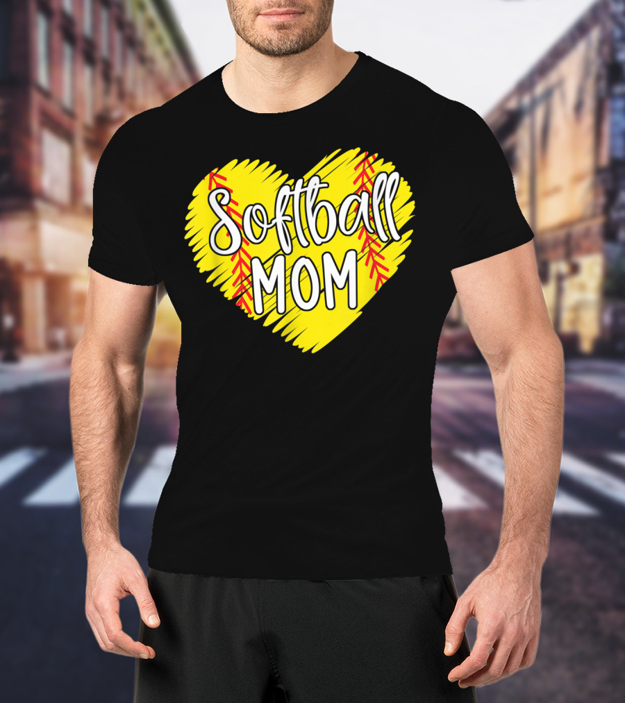 Softball Mom Heart Yellow Red Stitching Baller Mama T-Shirt