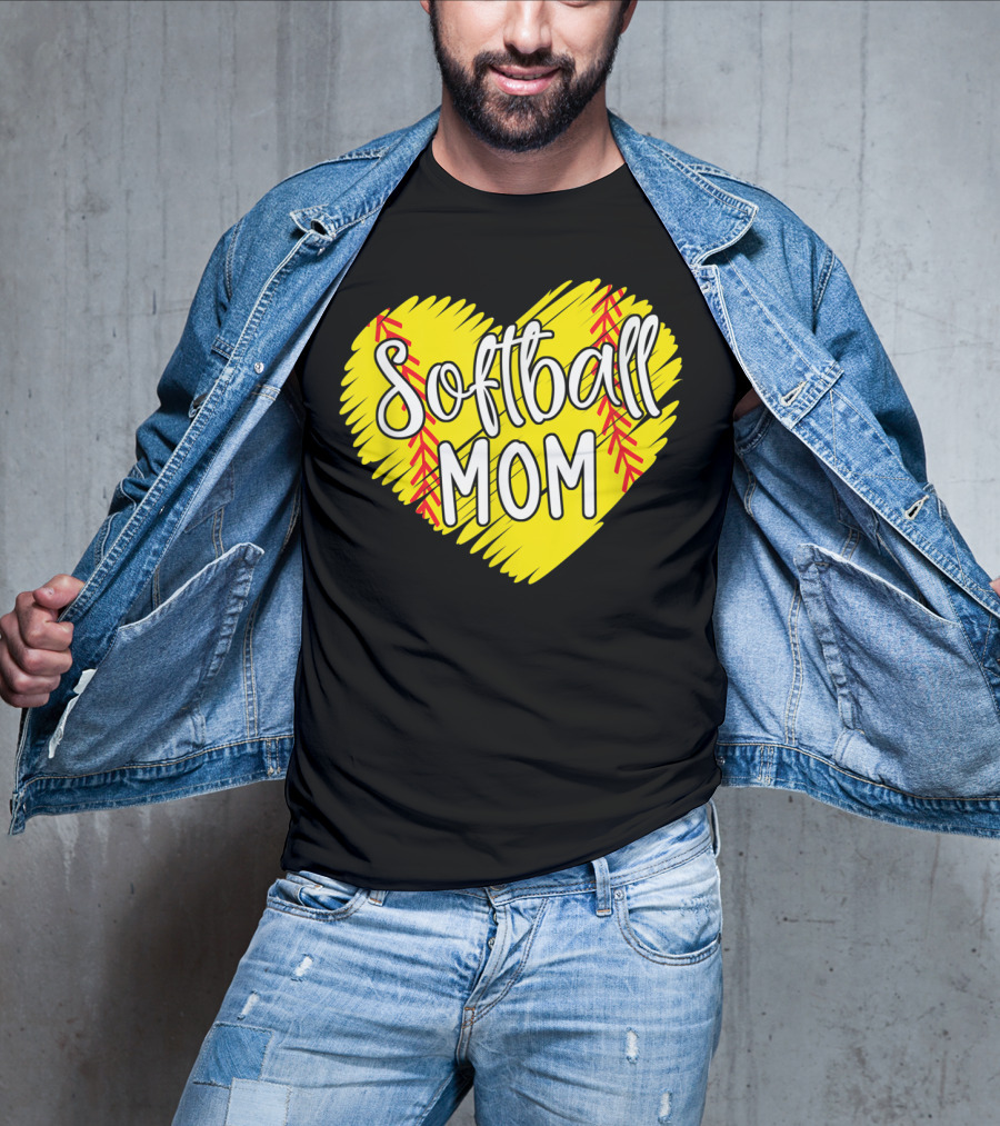 Softball Mom Heart Yellow Red Stitching Baller Mama T-Shirt