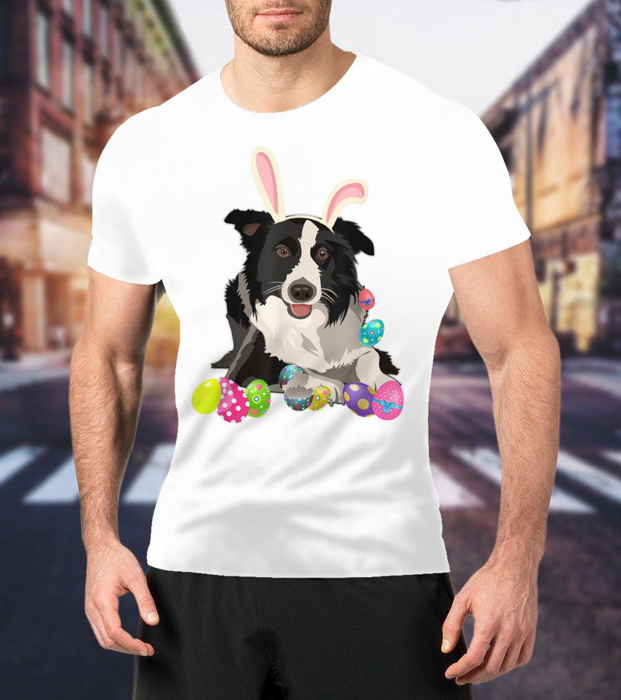 Border Collie Dog In Bunny Rabbit Hat With Colorful Easter Eggs T-Shirt