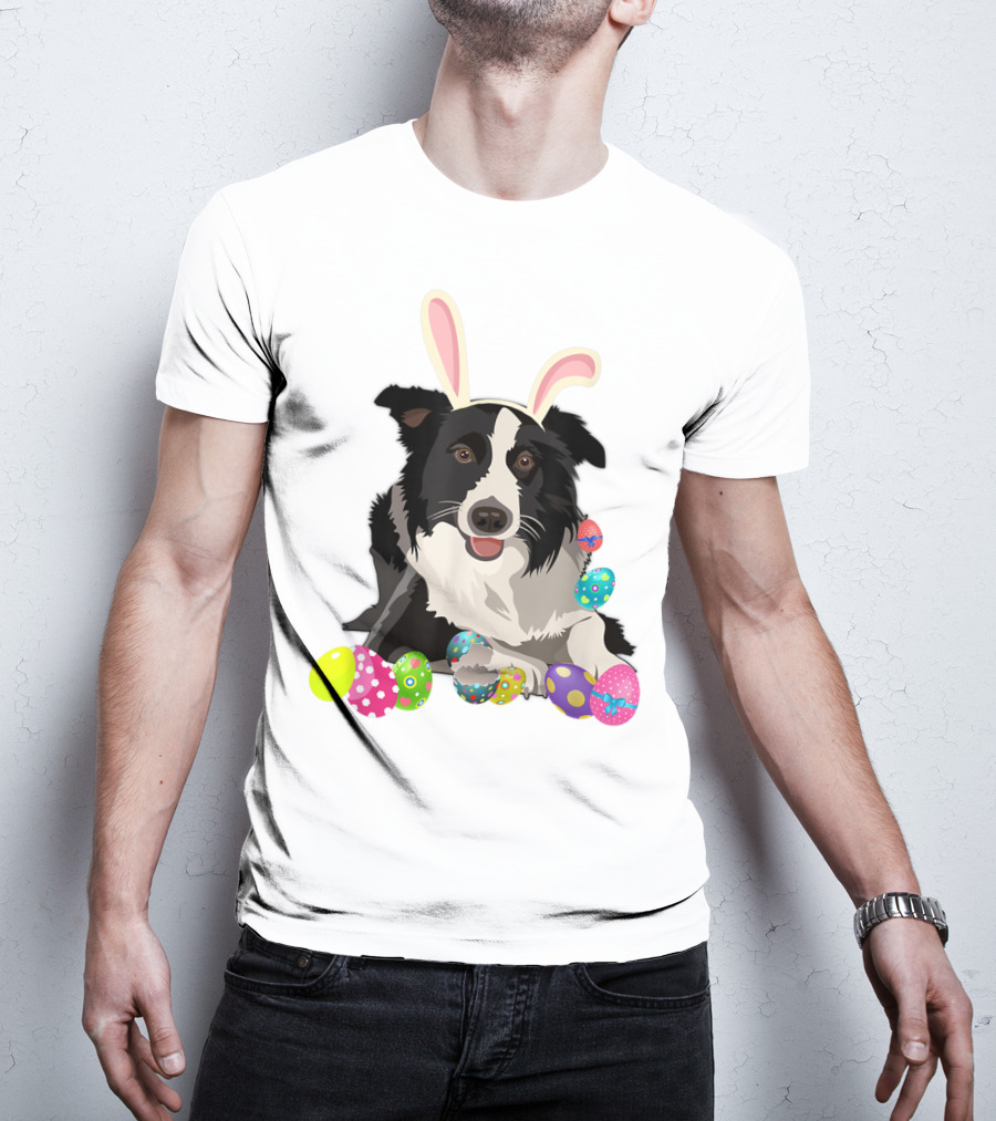 Border Collie Dog In Bunny Rabbit Hat With Colorful Easter Eggs T-Shirt