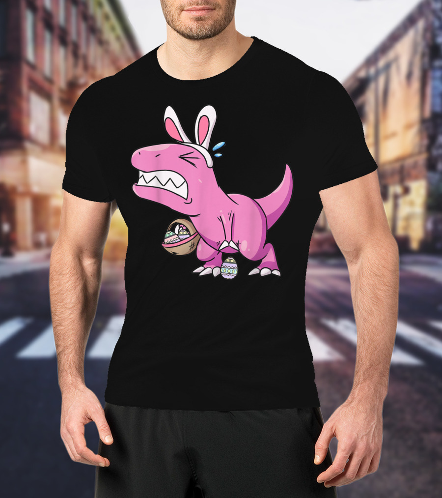 Easter Dinosaur Rex Egg Hunt Is On Funny T-Rex With Bunny Ears And Basket T-Shirt