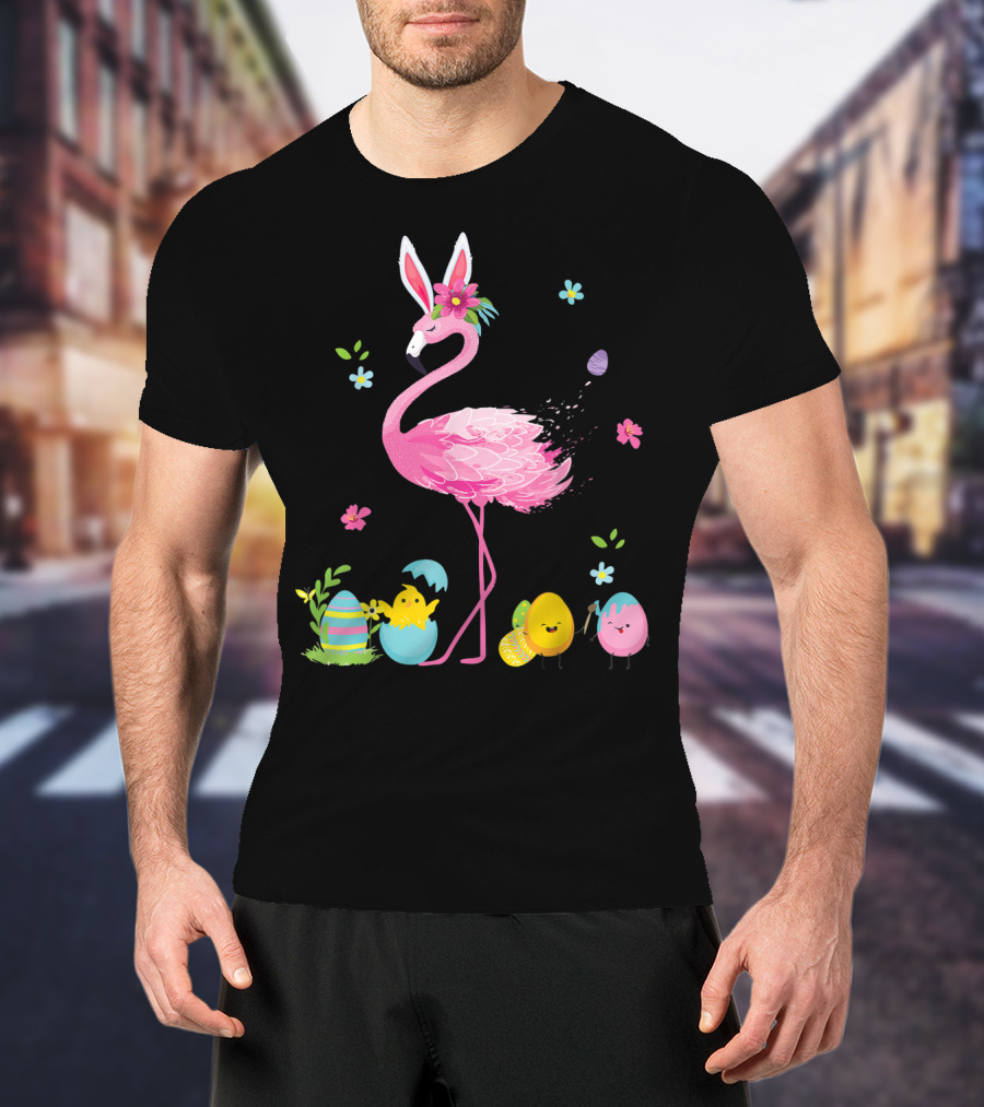 Easter Flamingo With Bunny Ears And Colorful Eggs T-Shirt