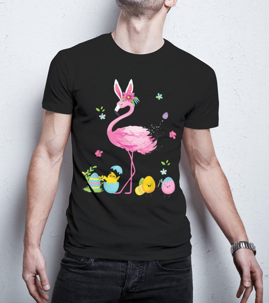Easter Flamingo With Bunny Ears And Colorful Eggs T-Shirt