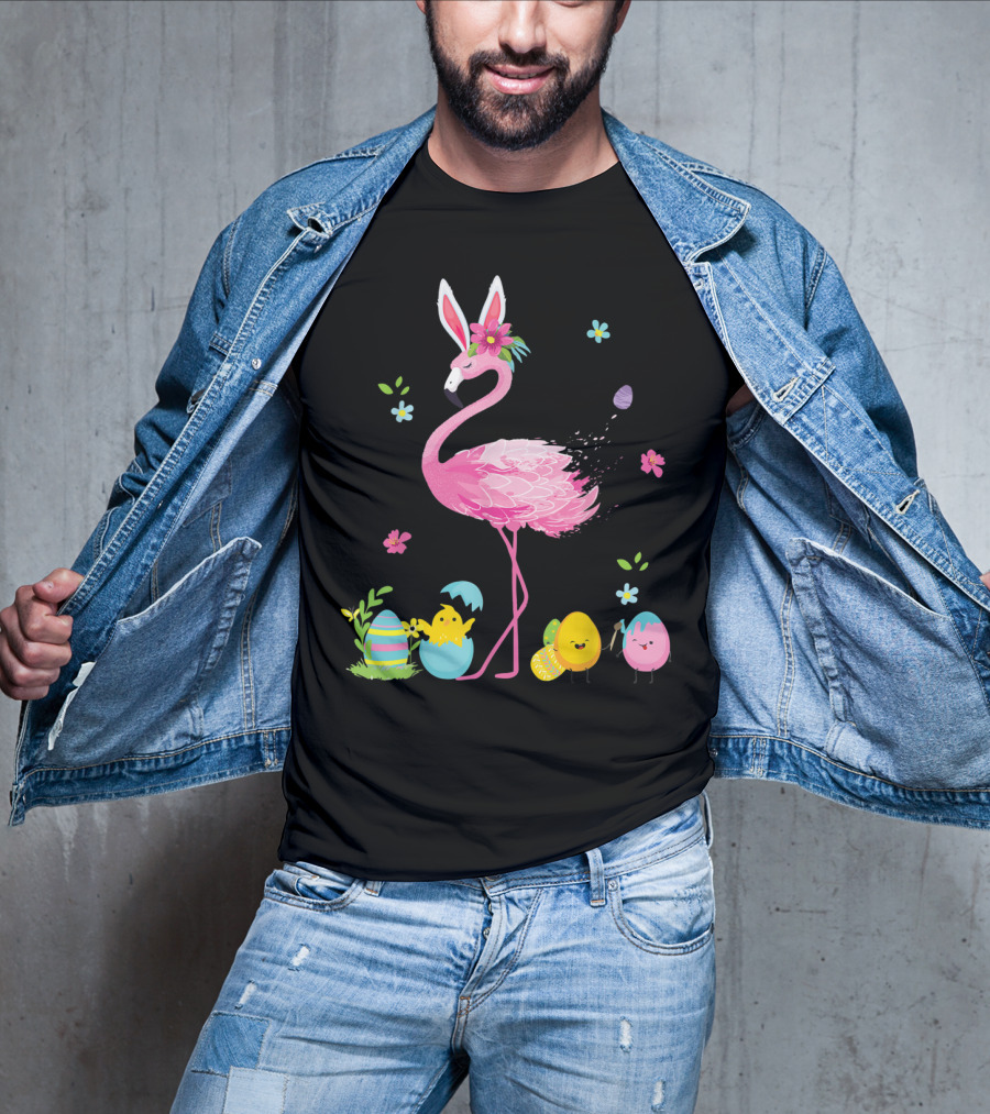 Easter Flamingo With Bunny Ears And Colorful Eggs T-Shirt