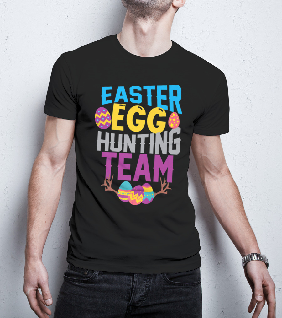 Easter Egg Hunting Team With Colorful Eggs And Antlers T-Shirt
