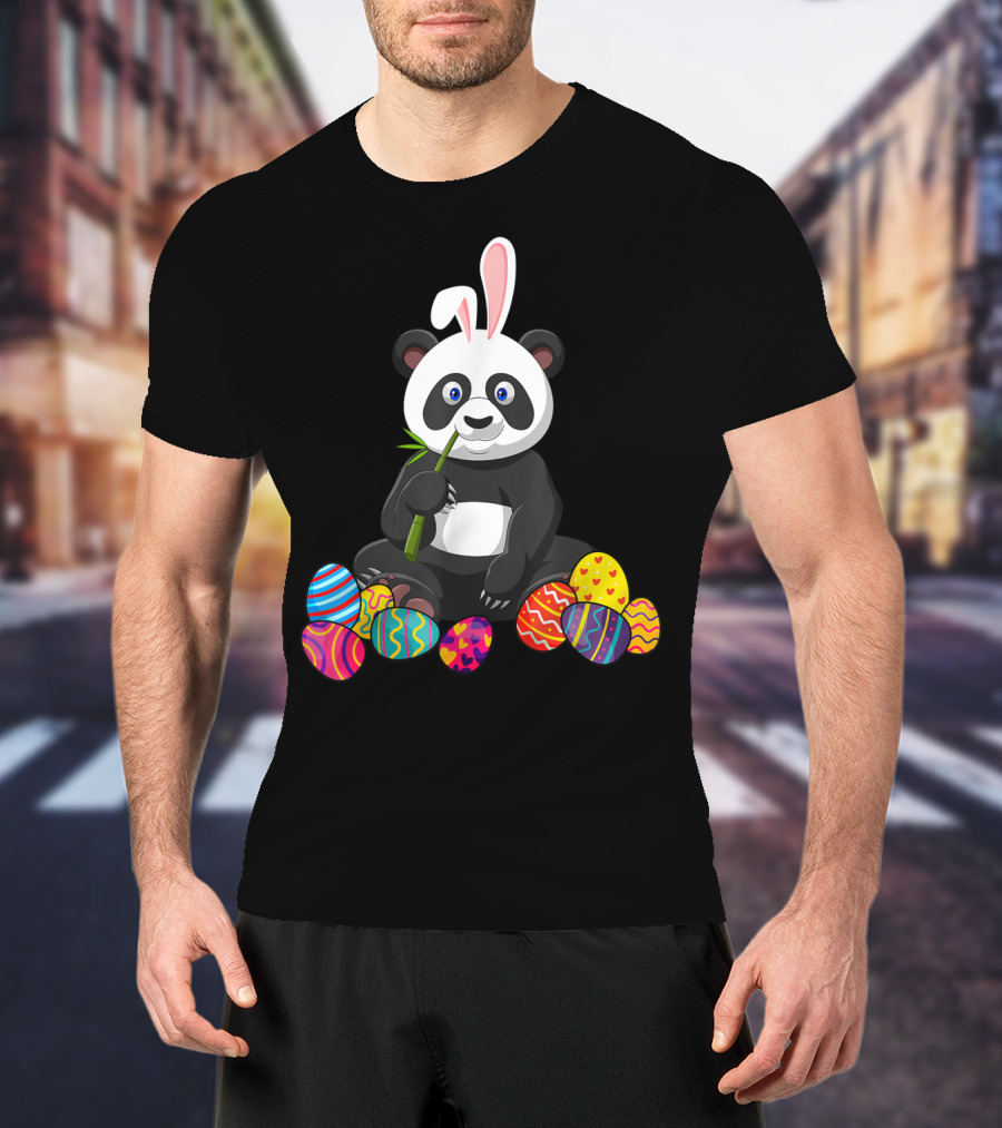 Panda Bunny Ear Eating Bamboo With Colorful Easter Eggs T-Shirt