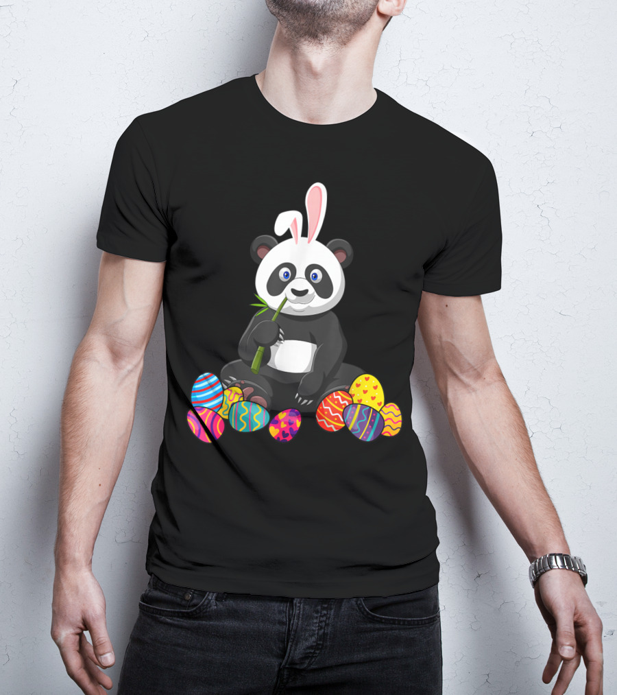 Panda Bunny Ear Eating Bamboo With Colorful Easter Eggs T-Shirt