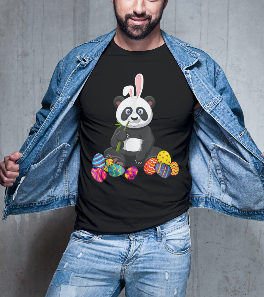 Panda Bunny Ear Eating Bamboo With Colorful Easter Eggs T-Shirt