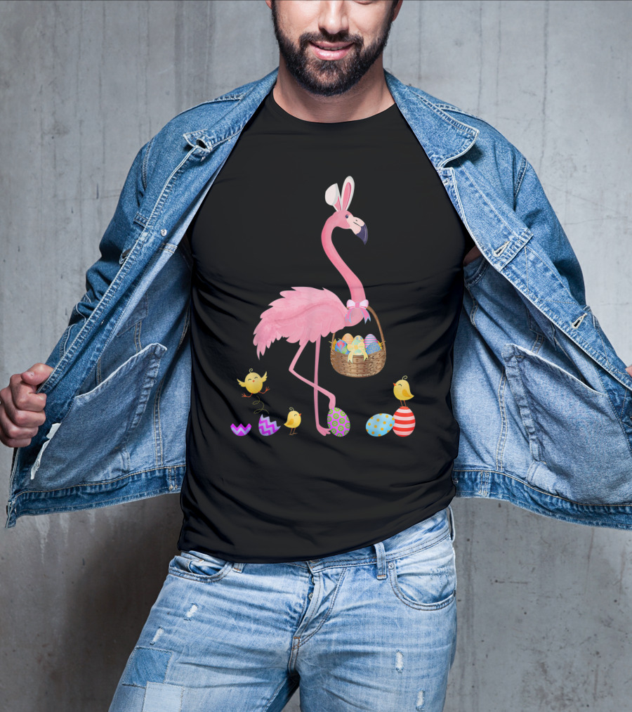 Pretty Easter Flamingo With Basket And Colorful Eggs T-Shirt