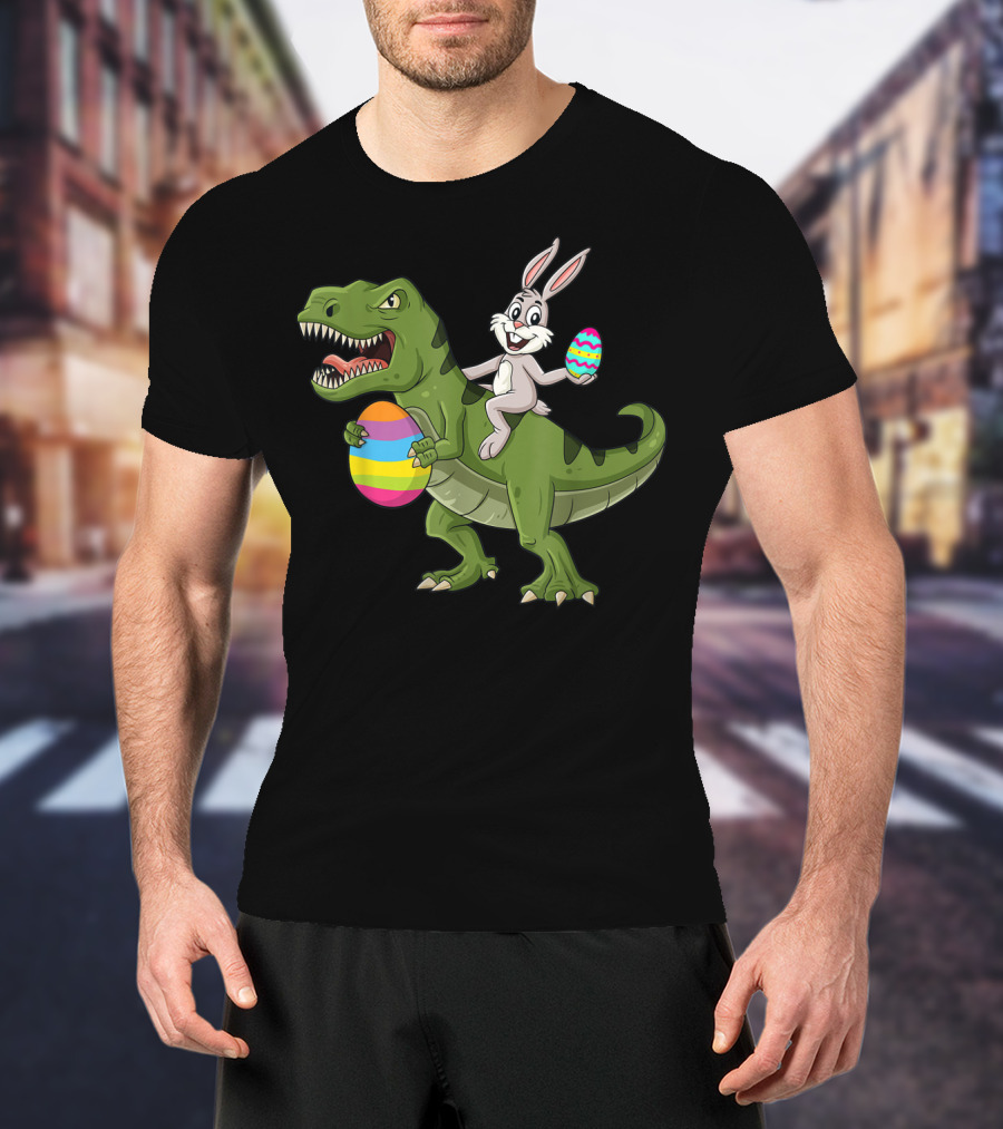 Rabbit On Dinosaur Holding Colorful Easter Eggs T-Shirt