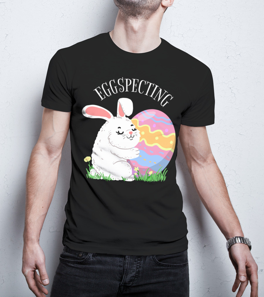 Eggspecting Easter Bunny Hugging Colorful Egg Pregnancy Announcement T-Shirt