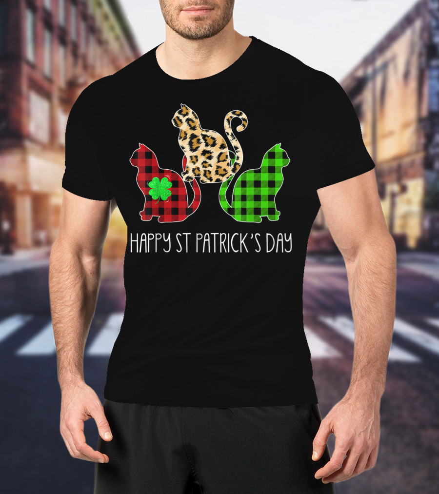 Happy St Patrick’s Day Leopard Buffalo Plaid Cat Trio T-Shirt