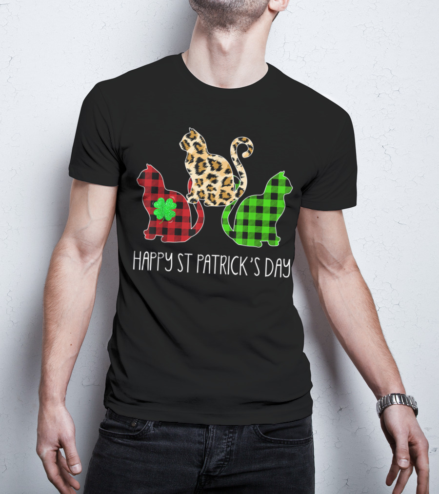 Happy St Patrick’s Day Leopard Buffalo Plaid Cat Trio T-Shirt