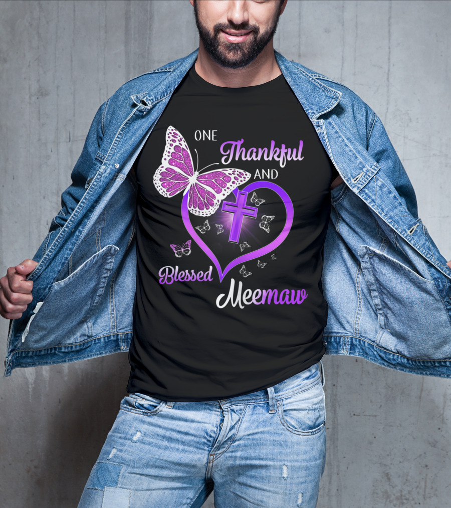One Thankful And Blessed Meemaw Butterfly Cross Heart T-Shirt