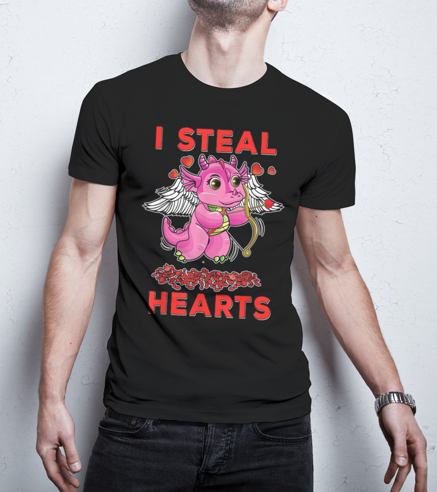 I Steal Hearts Valentine's Day Cute Cupid Dragon Girl With Bow And Roses T-Shirt