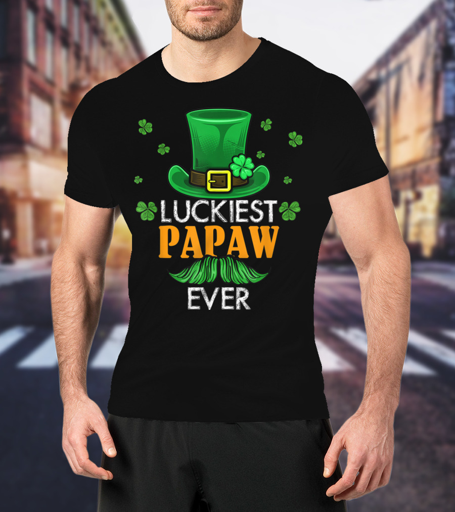 Luckiest Papaw Ever Green Leprechaun Hat Shamrocks T-Shirt