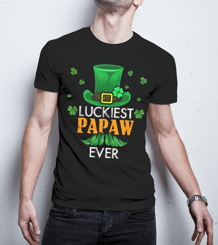 Luckiest Papaw Ever Green Leprechaun Hat Shamrocks T-Shirt