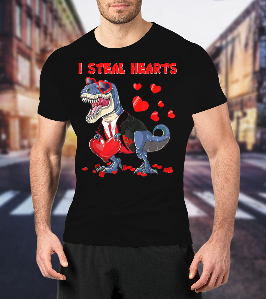 I Steal Hearts Valentines Day Dinosaur In Tuxedo With Hearts T-Shirt
