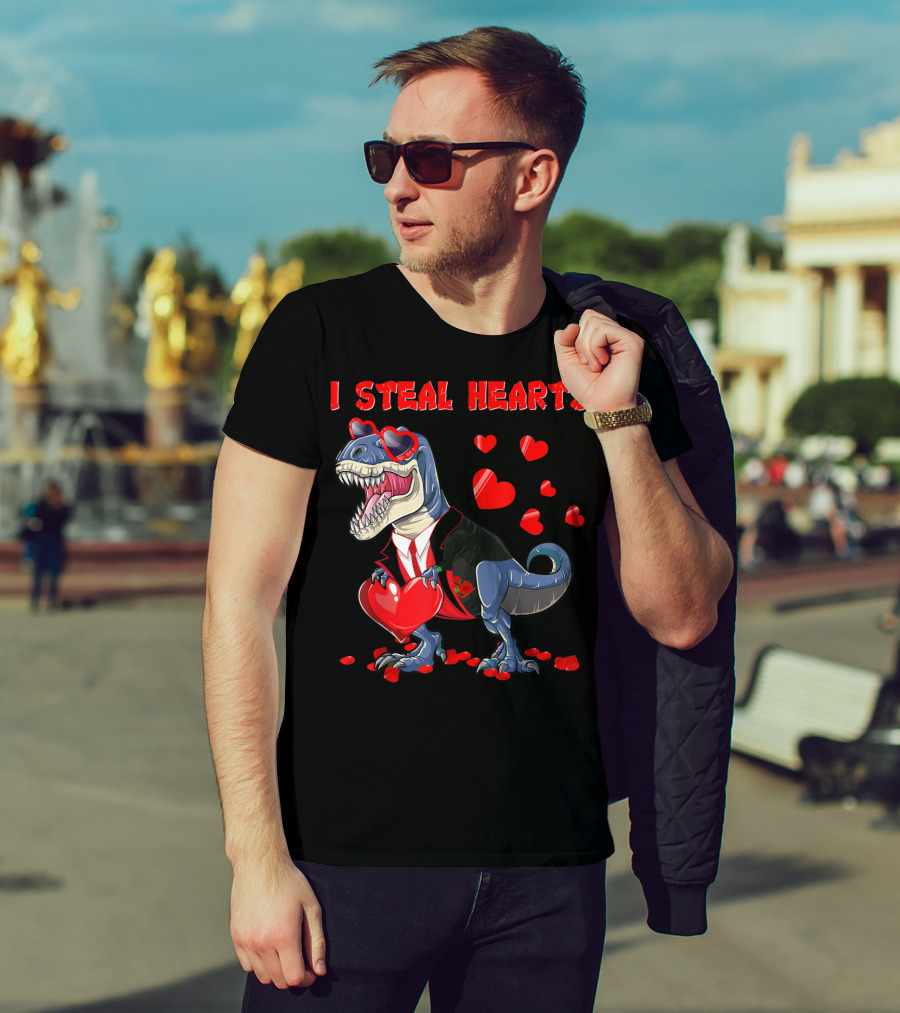 I Steal Hearts Valentines Day Dinosaur In Tuxedo With Hearts T-Shirt