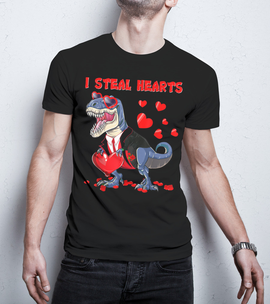 I Steal Hearts Valentines Day Dinosaur In Tuxedo With Hearts T-Shirt