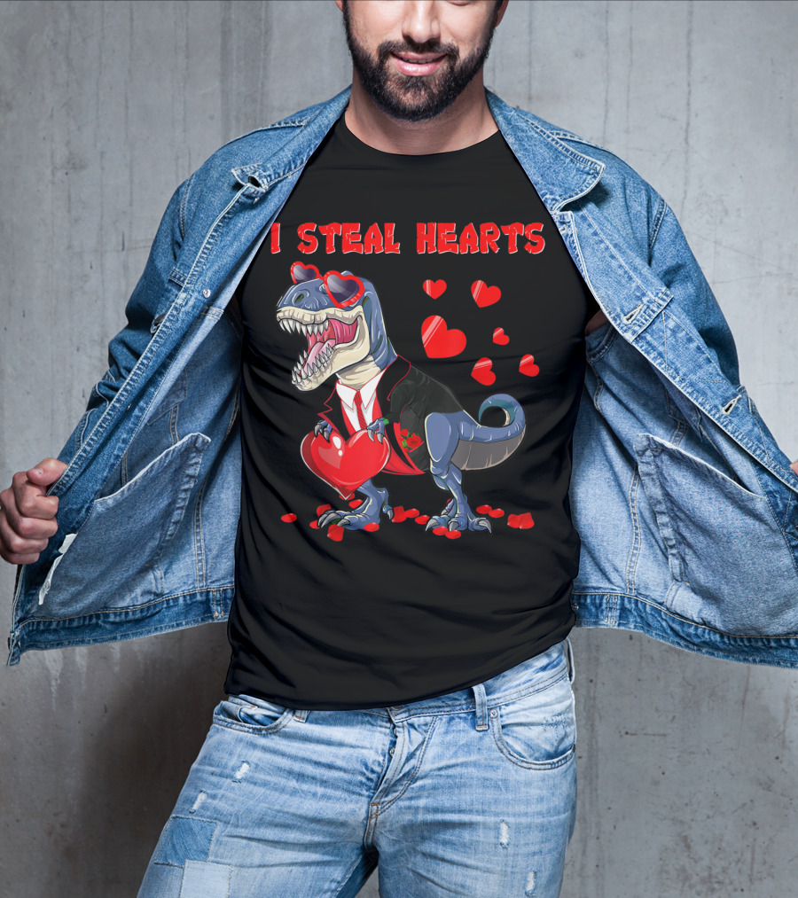 I Steal Hearts Valentines Day Dinosaur In Tuxedo With Hearts T-Shirt