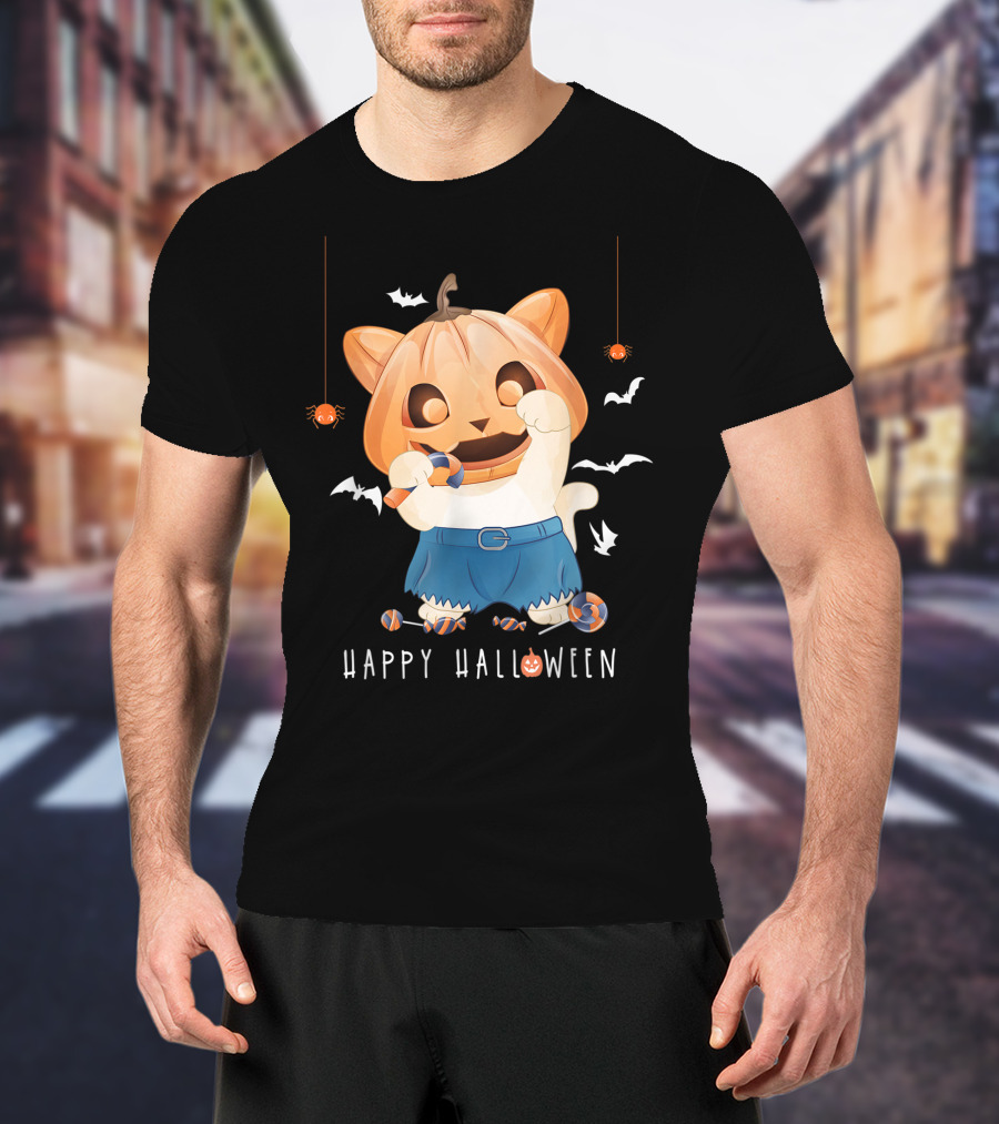 Happy Halloween Pumpkin Cat With Candy And Bats T-Shirt